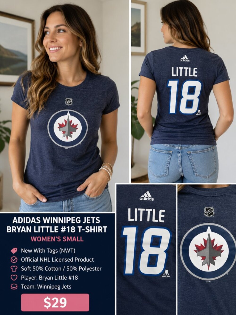 NWT Adidas Winnipeg Jets Bryan Little #18 Women's Small NHL T-Shirt